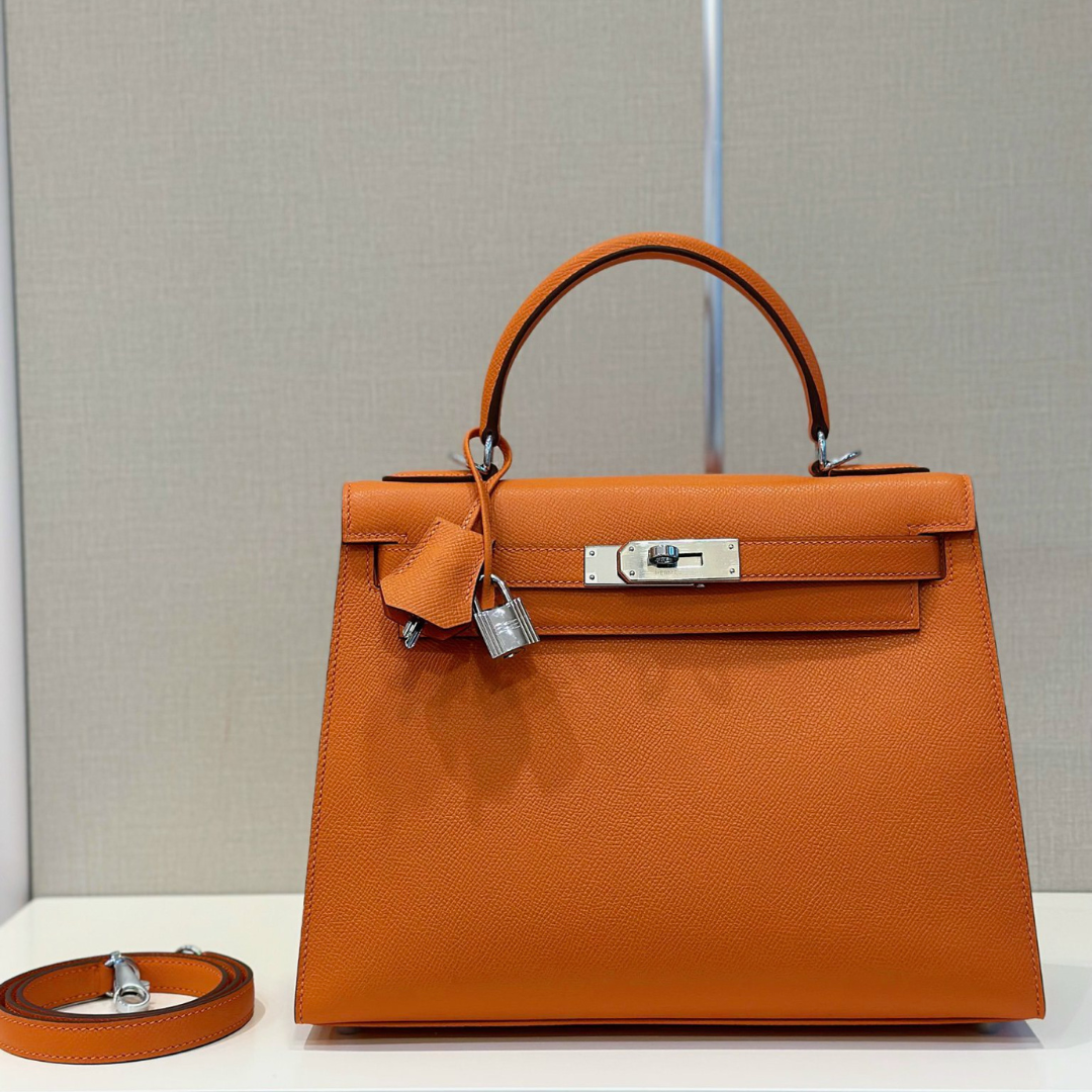Hermes Kelly Handle Lock Pattern Fake Handbags Orange 28cm