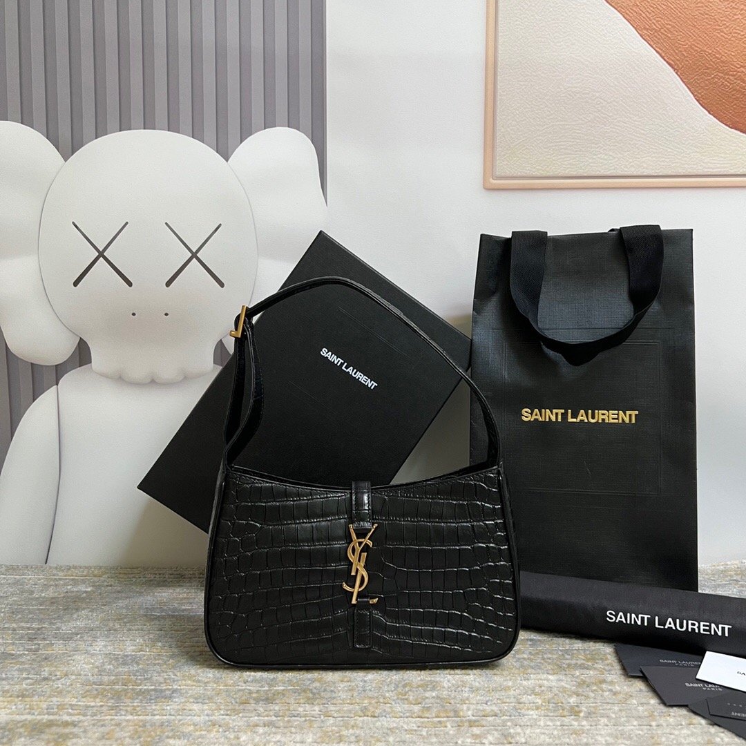 SAINT LAURENT Le 5 À 7 Green Crocodile-effect Leather Shoulder Bag In Black