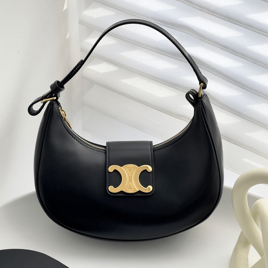 Celine Triomphe Curved Fake Handbag Black Matte Leather 23x14x7cm