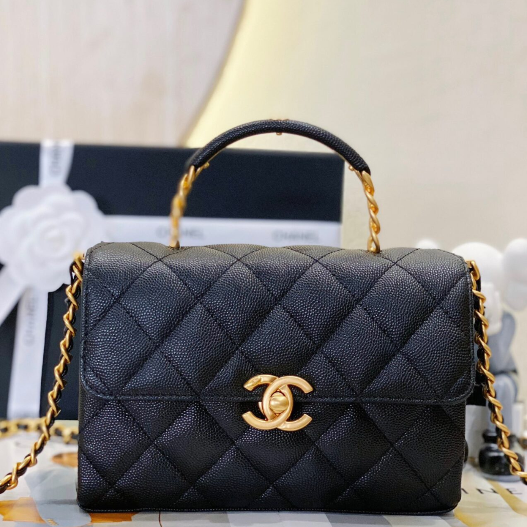 Chanel Handle Woman’s Black Leather Super Fake Handbags Pebbled Leather 19cm