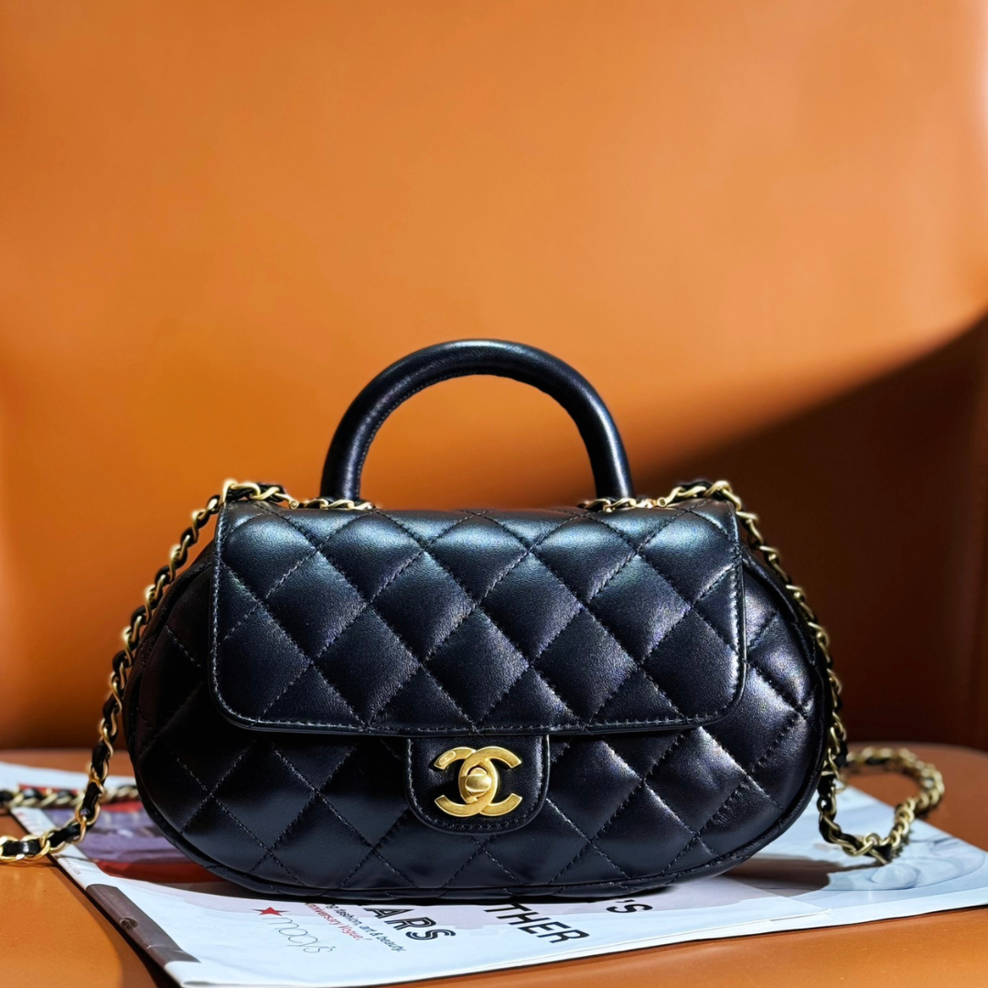 Chanel 24C Top Handle Flap Bag in Black Lambskin