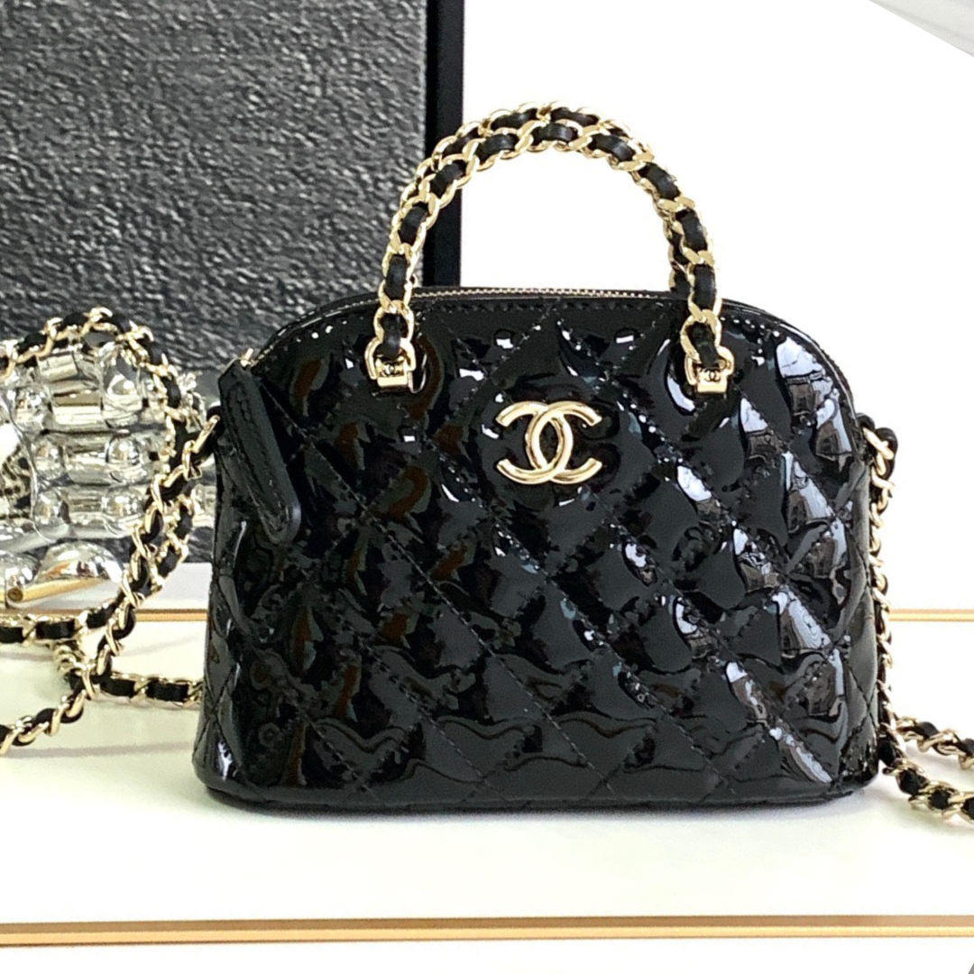 Chanel Alma Mini Shiny Leather Fake Handbags Black Lock Gold 12cm