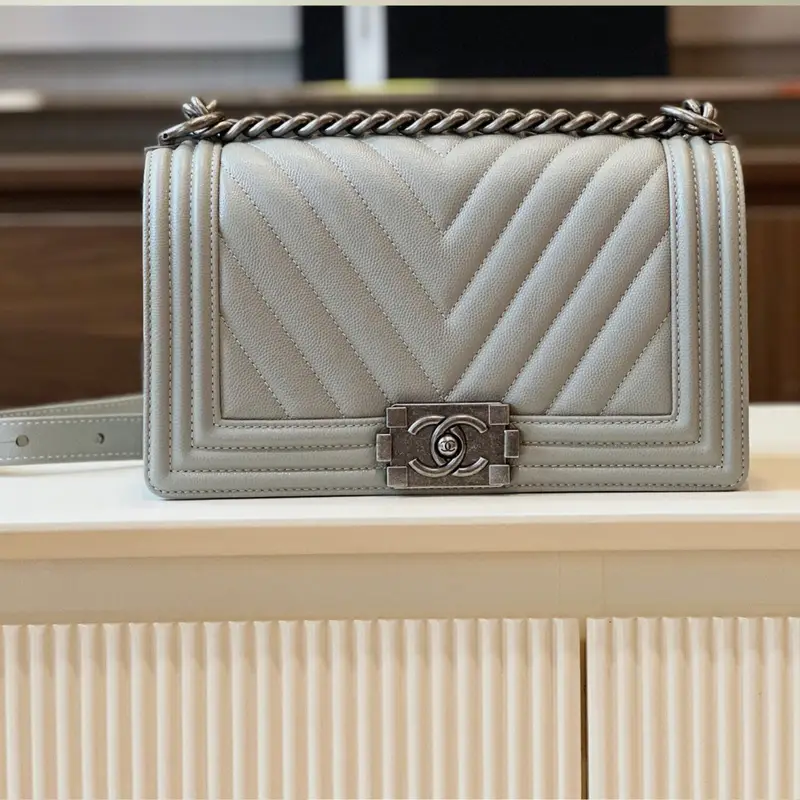 Chanel Boy Medium Fake Handbags Grey Leather With Silver Lock 25cm