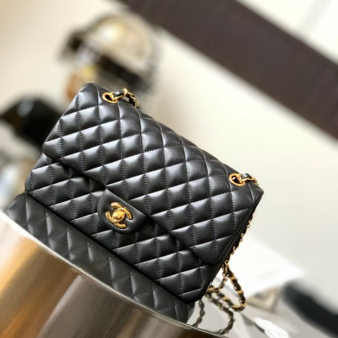 Chanel Charm Like Auth Handbag Sheepskin Black Lock Gold 25x16x7cm