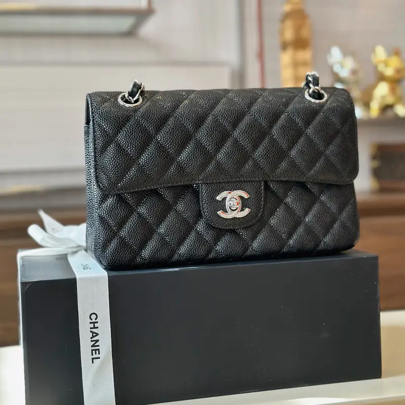 Chanel Classic Fake 11 Handbags Woman’s Black Leather Lock Silver 23cm