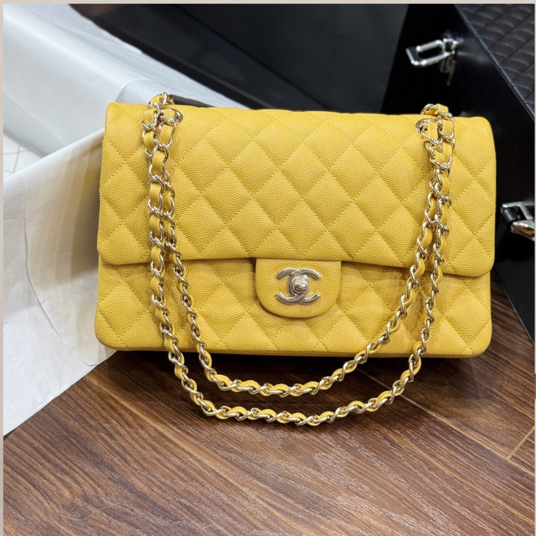 Chanel Classic Sheepskin Yellow Woman’s Handbags Like Auth 23cm