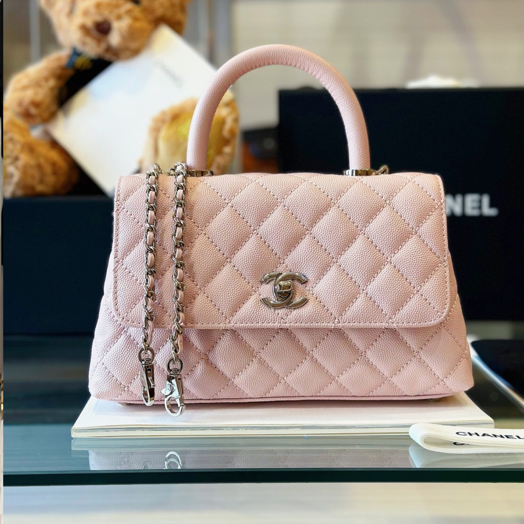 Chanel Coco Fake 11 Handbags Leather Pink With Silver Lock 23cm