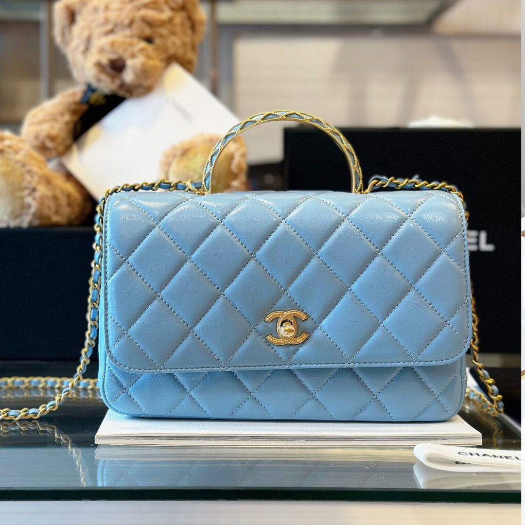 Chanel Coco Mini Handbag Like Auth Blue Smooth Leather With Lock Gold 22x21cm